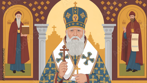 Orthodox priest with two saints in archways gold and blue robes religious icon illustration