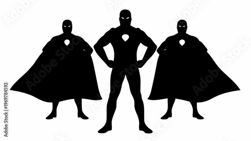 Dynamic trio of powerful superhero silhouettes with capes standing confidently against a clean white background symbolizing strength unity and heroic action for comic book