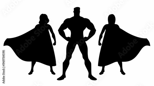 Dynamic trio of diverse superheroes in black silhouette form standing confidently with capes flowing dramatically against a stark white background symbolizing power unity