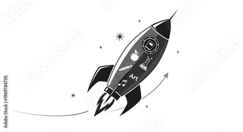 Black and white rocket ship soaring.