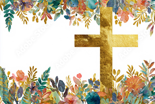 Golden Christian Cross Clipart with Watercolor Easter Theme, Decorative Border and Banner on White Background
