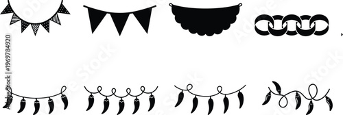 Festive garland silhouette vector set with bunting flags, paper chain and chili pepper string lights