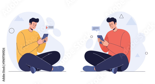 Two men sitting cross-legged, each using a smartphone, communicating via chat bubbles.