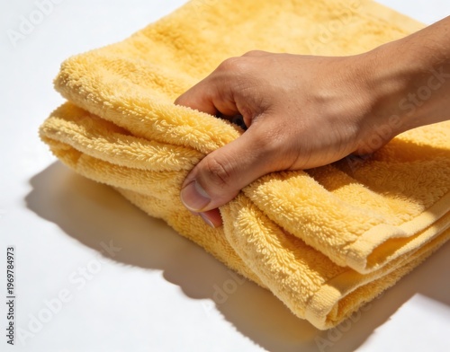 Hand Holding Yellow Folded Towel