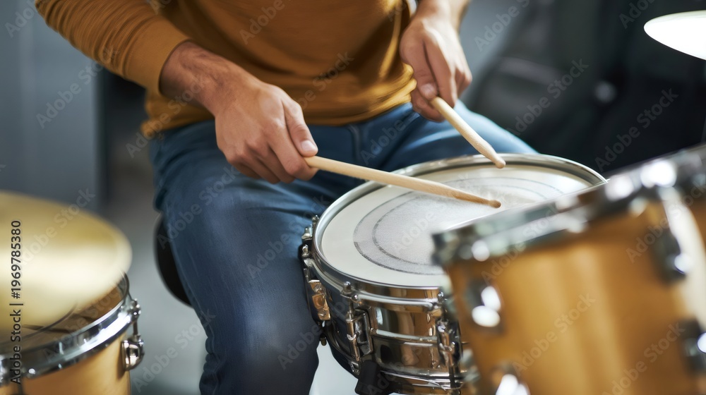 Obraz premium Person playing snare drum using drumsticks enjoying music