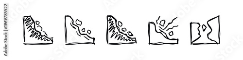 Hand-drawn Landslide and Rockfall Icons Set, Doodle Style Earth Collapse and Natural Disaster Symbols Collection