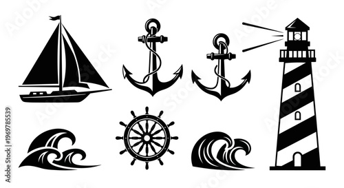 Black and white nautical icons set.