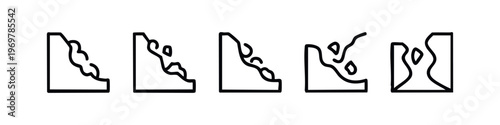 Landslide and Rockfall Line Icons Set, Earth Collapse and Erosion Outline Symbols, Geological Hazard Vector Collection