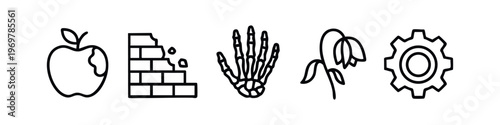 Concept Line Icons: Decay, Industry, and Mortality, Outline Symbols for Abstract Ideas and Processes Set