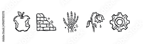 Hand-drawn Icons of Decay, Damage, and Industry, Doodle Style Concepts of Life, Death, and Work Symbols