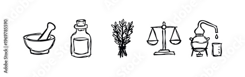 Hand-drawn Alchemy and Apothecary Icons, Doodle Style Science and Magic Symbols, Sketchy Herbal Medicine Collection