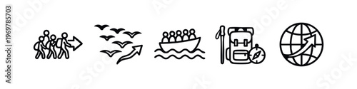 Minimalist Travel and Migration Line Icons - Group, Birds, Boat, Backpack, World Tour Outline
