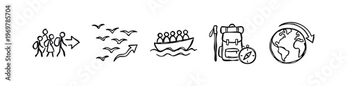 Hand-Drawn Migration and Travel Icons - People, Birds, Boat, Backpack, Global Journey Sketches