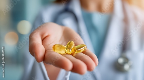Doctor holds three golden capsules in open palm