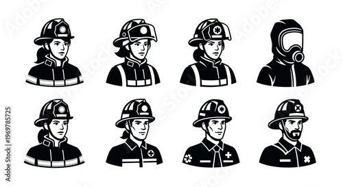 Firefighters in various helmet styles.