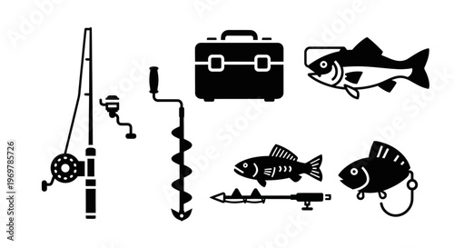 Fishing gear and tackle icons set.