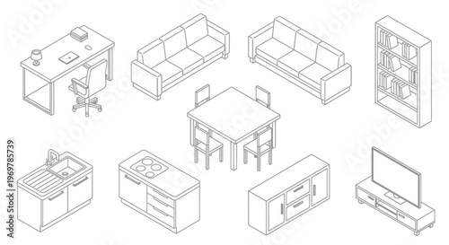 Furniture line drawings for interior design.