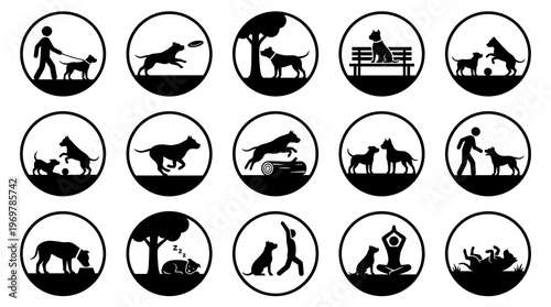 Circular black silhouette pitbull dog vector icon set showing outdoor activities. Features walking with owner, catching frisbee, playing at park, running, jumping, agility training