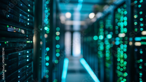 A meticulous close-up view of powerful server hardware displays vibrant teal indicator lights within a sophisticated and modern dark data center facility.