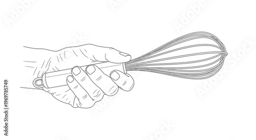 Hand holding a wire whisk tightly.