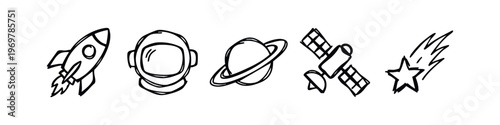 Hand drawn space exploration icons set, doodle style galaxy and astronaut symbols