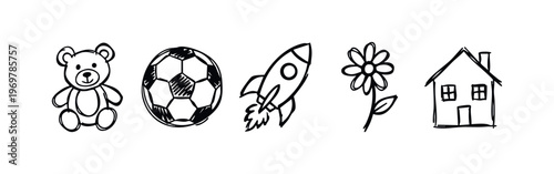 Hand drawn kids and childhood icons set, doodle style toys and simple objects for children