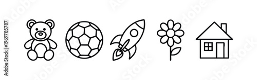 Kids and childhood icons set, vector line art toys and simple objects for children