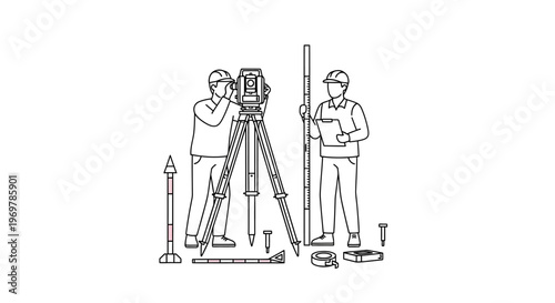 Two Construction Workers Using Surveying Equipment.