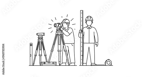 Two construction workers with surveying equipment.