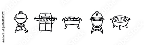 Hand Drawn Barbecue Grills Icons Set. Doodle Collection of BBQ, Gas, Charcoal, and Kamado Grills.