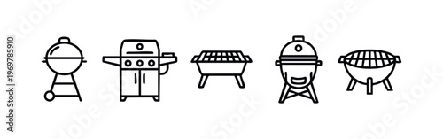 Minimalist Barbecue Grills Line Icons Set. Outline Collection of BBQ, Gas, Charcoal, and Kamado Grills.