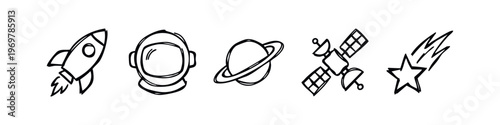 Hand Drawn Space Icons Set. Rocket, Astronaut Helmet, Saturn, Satellite, and Shooting Star Doodles.