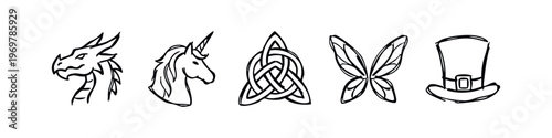 Hand Drawn Fantasy Creature and Mythology Icons Set. Doodle Dragon, Unicorn, Celtic Knot, Fairy Wings, and Leprechaun Hat.