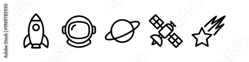 Minimalist Space Line Icons Set. Outline Rocket, Astronaut Helmet, Saturn, Satellite, and Shooting Star Vector.