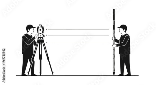 Two men measuring distance with tools.