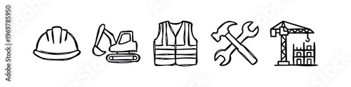 Hand Drawn Construction Site Icons Set. Doodle Hard Hat, Excavator, Safety Vest, Tools, and Crane.