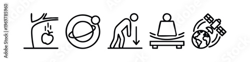 Minimalist Gravity Line Icons Set. Outline Apple, Orbit, Weight, and Satellite Demonstrating Physics.
