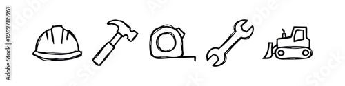 Hand Drawn Construction Tools Icons Set. Doodle Hard Hat, Hammer, Tape Measure, Wrench, and Bulldozer.