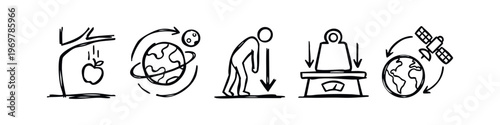 Hand Drawn Gravity Icons Set. Doodle Apple, Orbit, Weight, and Satellite Demonstrating Physics.