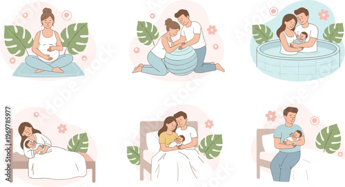 Vector illustration of pregnancy, childbirth and early parenthood with newborn bonding scenes