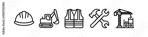 Minimalist Construction Site Line Icons Set. Outline Hard Hat, Excavator, Safety Vest, Tools, and Crane.