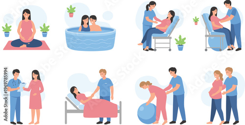Vector illustration of pregnancy and childbirth activities including prenatal care, labor positions, and partner support