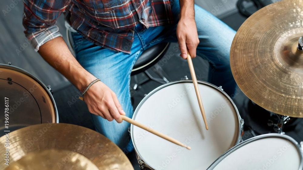 Obraz premium Musician drumming rhythm on a drum kit, top view