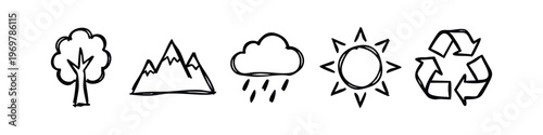Hand-Drawn Nature, Weather, and Recycling Doodle Icons Set