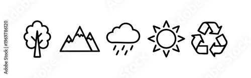 Minimalist Line Art Nature, Weather, and Recycling Icons Set