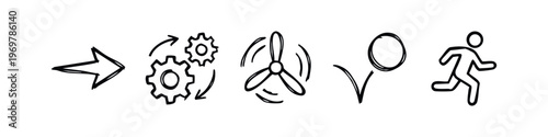 Hand-Drawn Process, Action, and Movement Doodle Icons Set