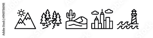 Minimalist Line Art Landscape, Cityscape, and Travel Icons Set