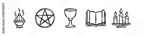 Hand-drawn doodle set of occult, magic and witchcraft symbols, including pentagram, chalice, and ritual items.