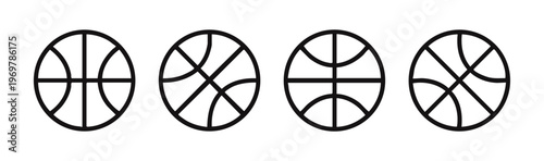 Set of four minimalist basketball line art icons. Vector illustration of sport balls with different seam patterns.