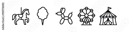 Minimalist Line Art Carnival, Circus, and Amusement Park Icons Set